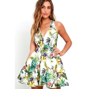 LULU’S JUNGLE DREAMS CREAM FLORAL SKATER DRESS